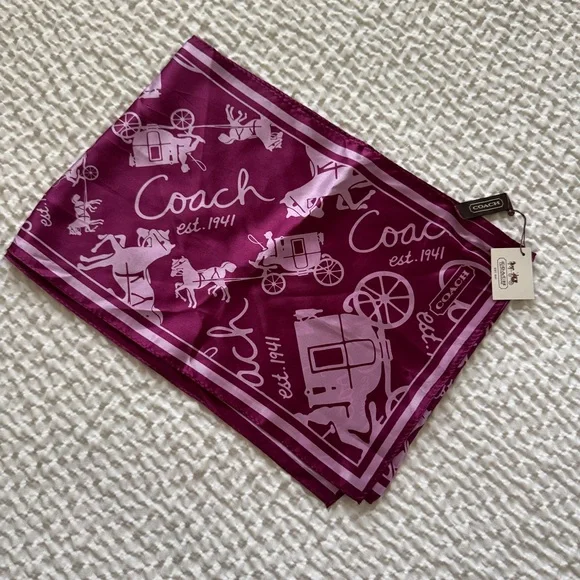 NWT Coach 100% Silk Scarf, Heritage Carriage Script, Purple - Picture 5 of 7